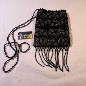Indeed Black Beaded Lace Evening Clutch Purse Bag Fringe Strap